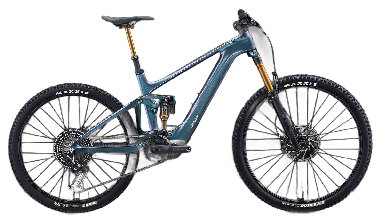 Blue full-suspension mountain bike with black tires, set against a white background.