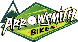 Arrowsmith Bikes logo: Text over a diamond with a mountain in the corner. Green and white, a red accent.