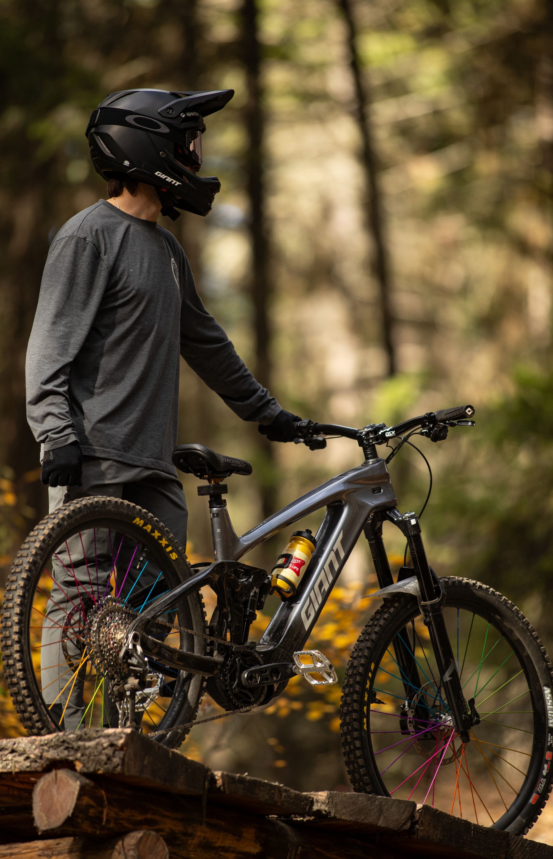 Person in helmet and riding gear with mountain bike in forest setting.