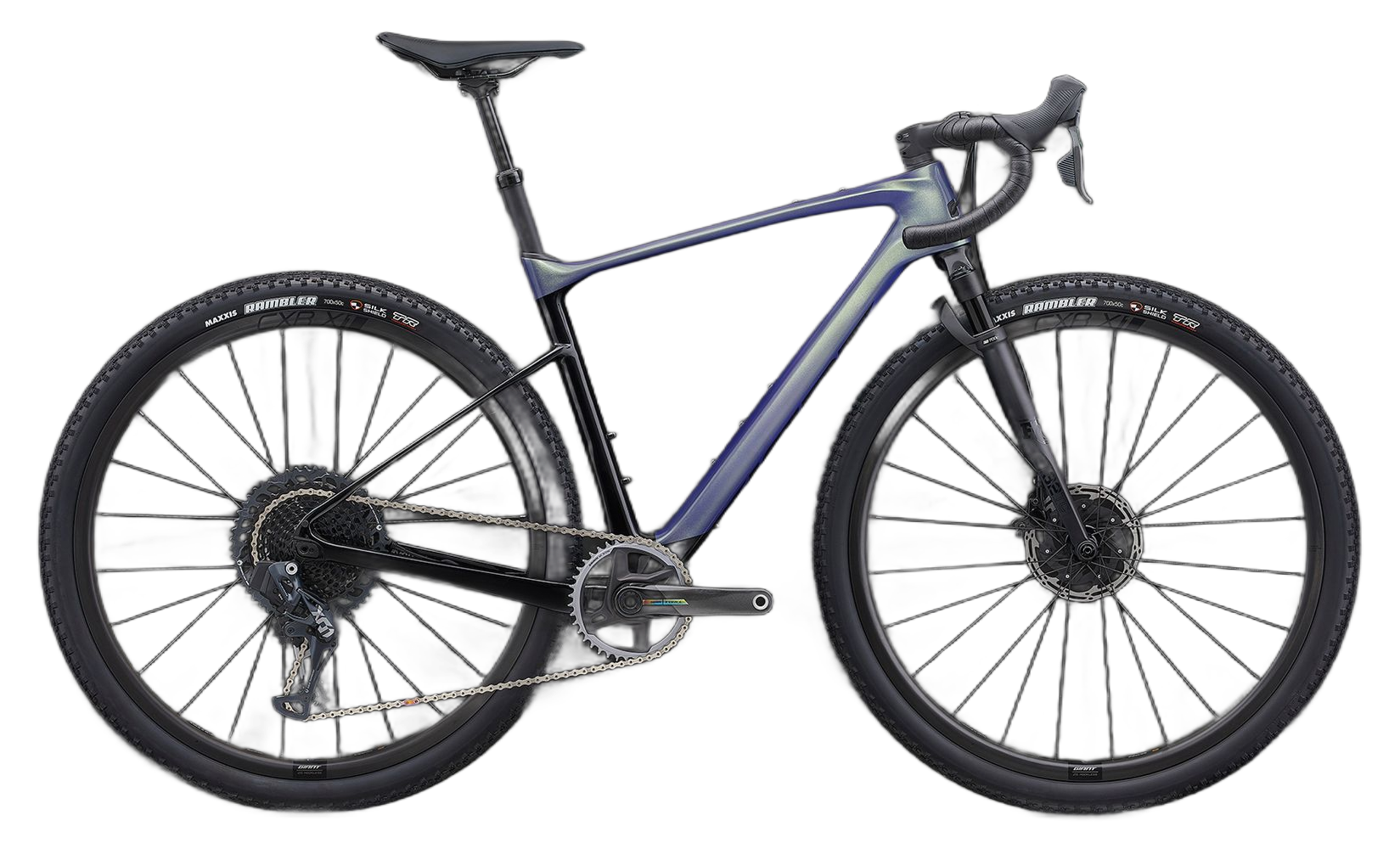 Gravel bike with dark frame, drop handlebars, and black tires, on white background.