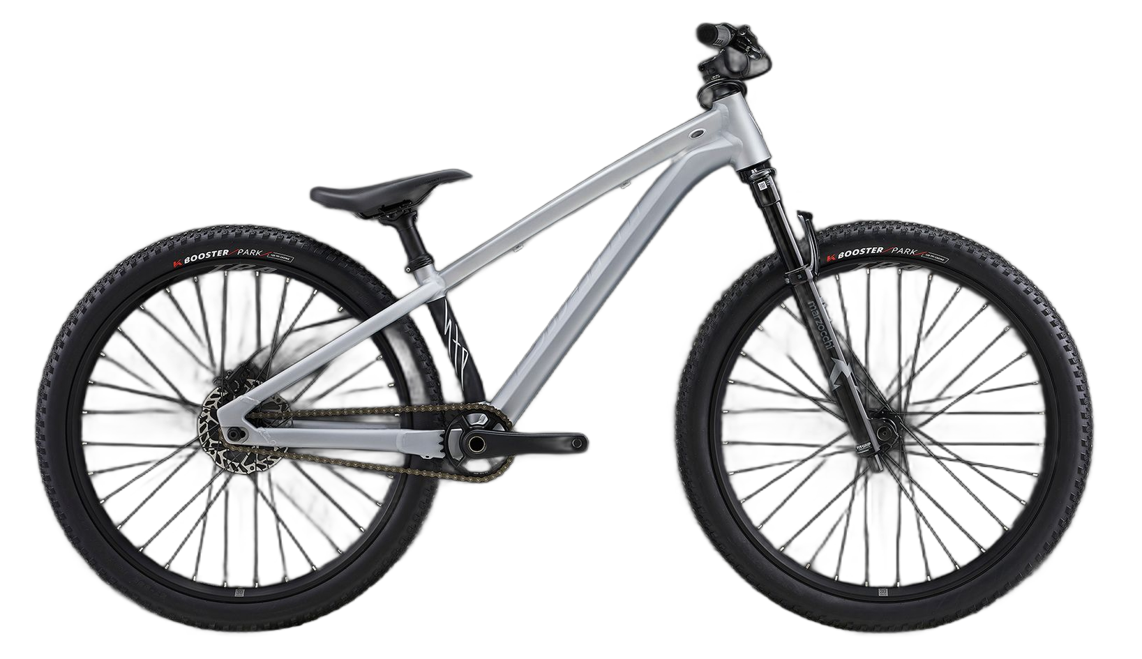 Silver mountain bike with black tires and components, angled on a white background.