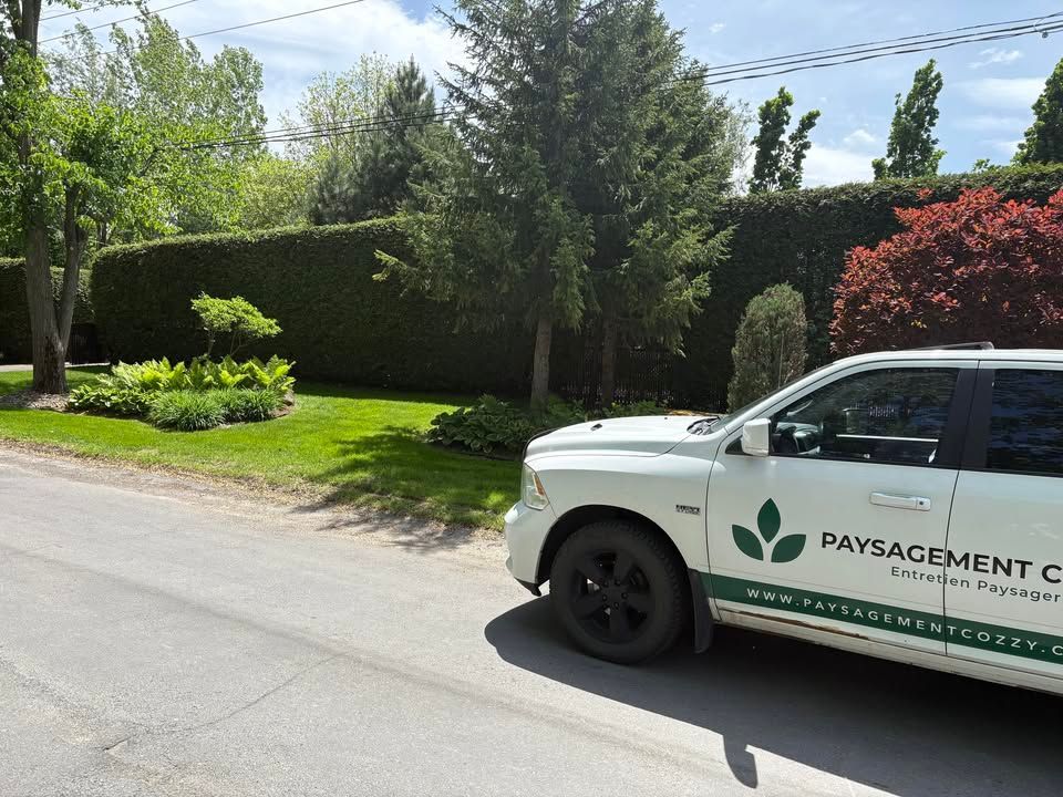 Un camion blanc d'une entreprise d'aménagement paysager est stationné dans une rue résidentielle ensoleillée, à côté de hautes haies et d'arbres.