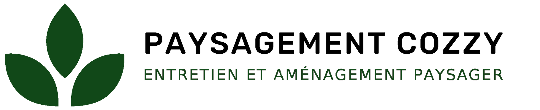 Logo “Paysagement Cozzy” with green leaf icon and tagline “Entretien et aménagement paysager”