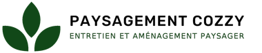 Logo “Paysagement Cozzy” with green leaf icon and tagline “Entretien et aménagement paysager”