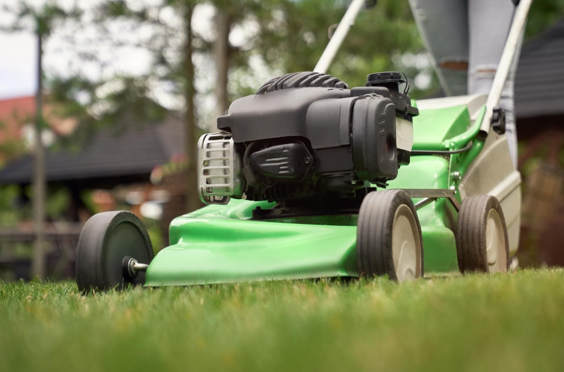 Gros plan sur une personne tondant une pelouse avec une tondeuse à gazon manuelle verte.