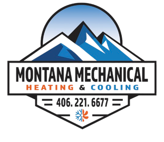 Logo for Montana Mechanical: Mountains, name, phone number, heating and cooling symbol.