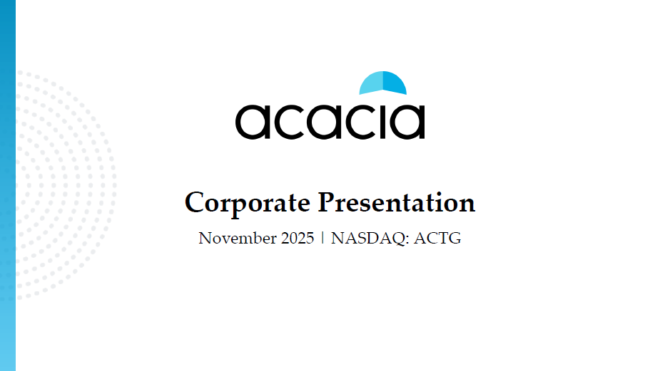 A corporate overview for acacia is shown on a white background