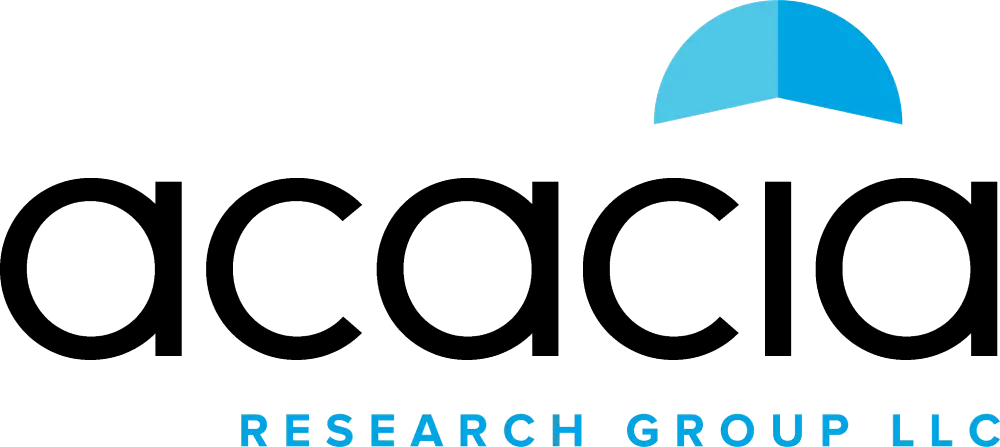 The logo for acacia research group llc is black and blue.