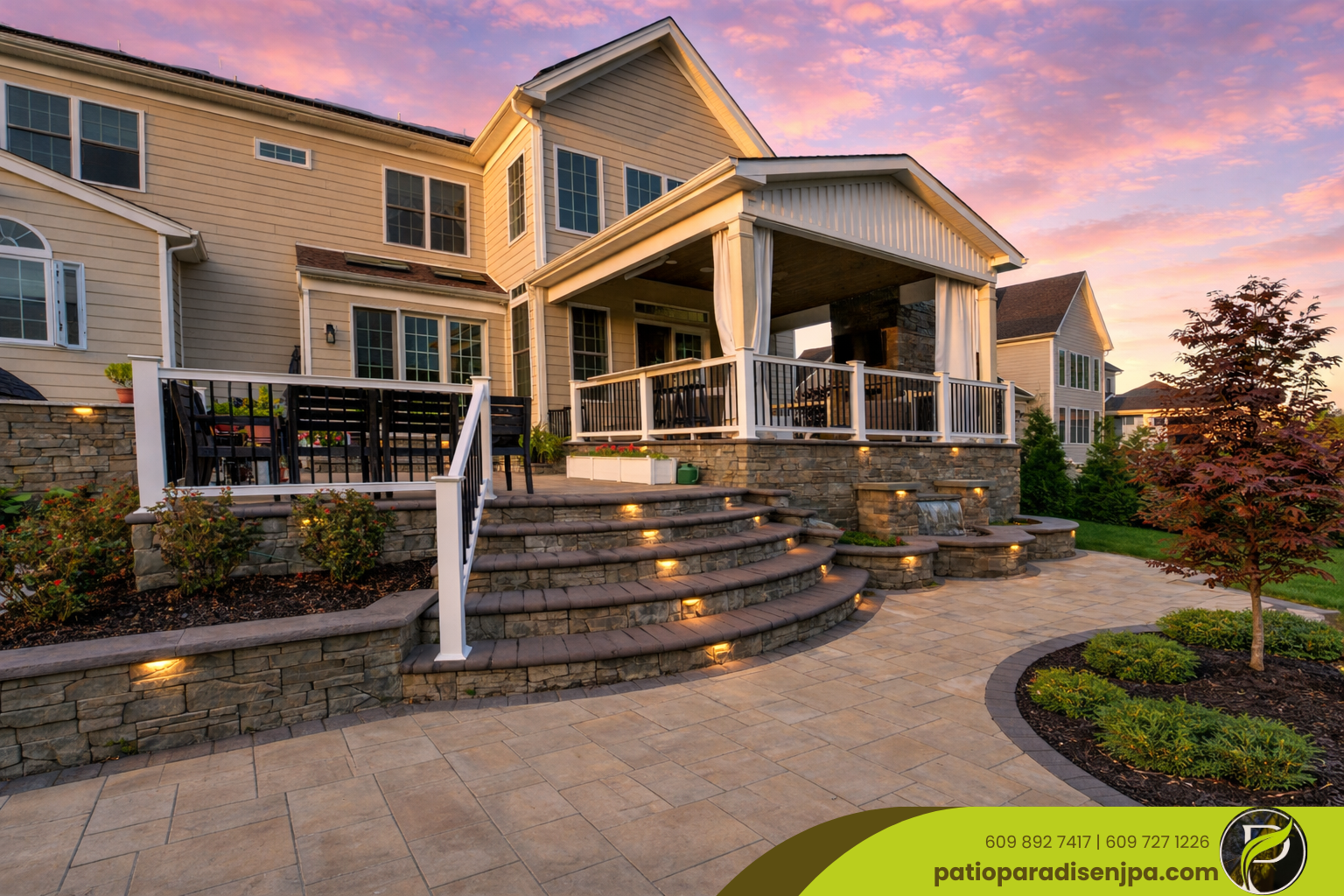 Backyard patio with stone accents, covered seating area, and steps leading to the lawn.