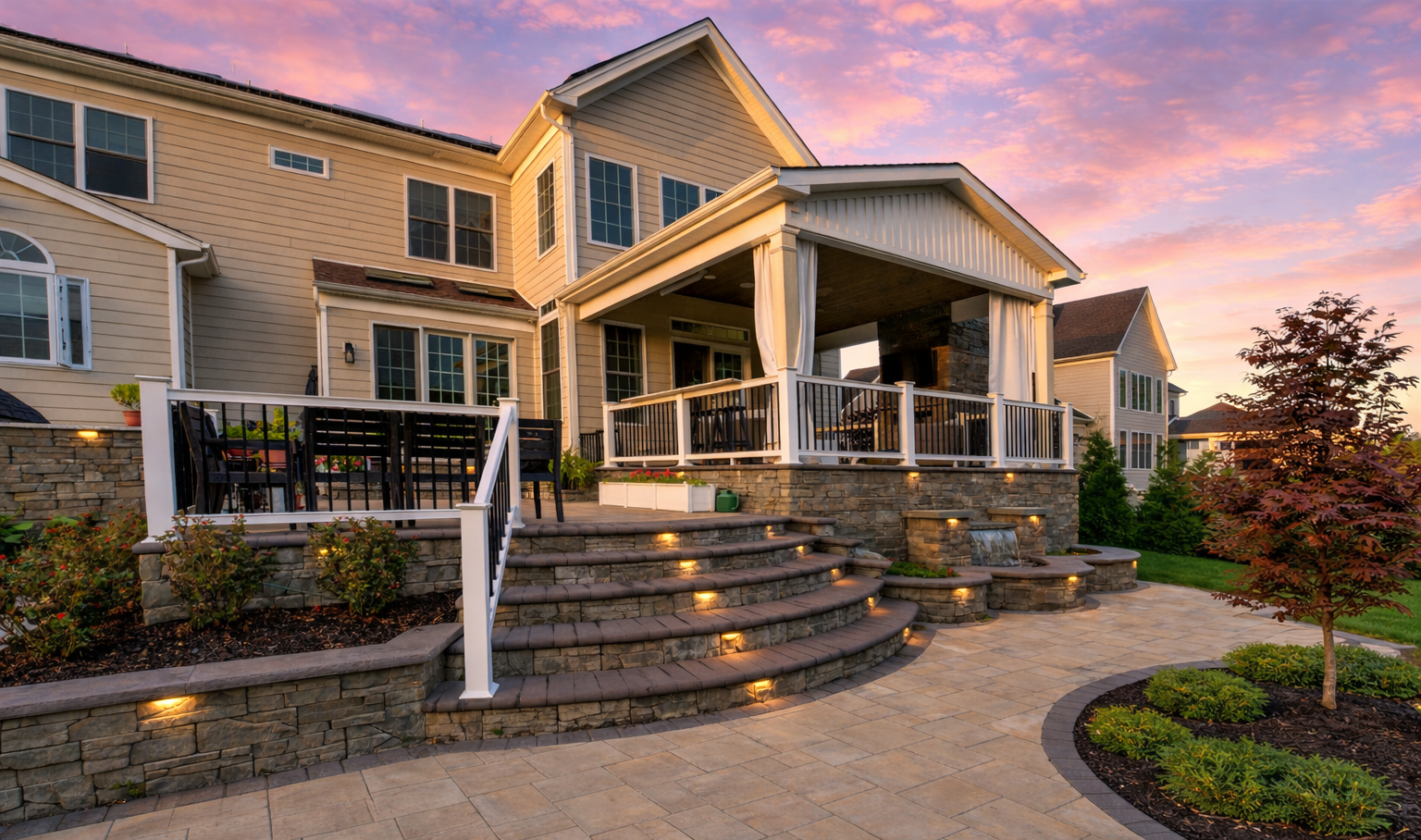 Backyard patio with stone accents, covered seating area, and steps leading to the lawn.