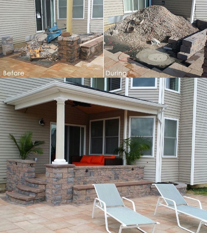 Backyard patio transformation: before, during, and after photos. New patio with seating, stone walls, and a covered porch.
