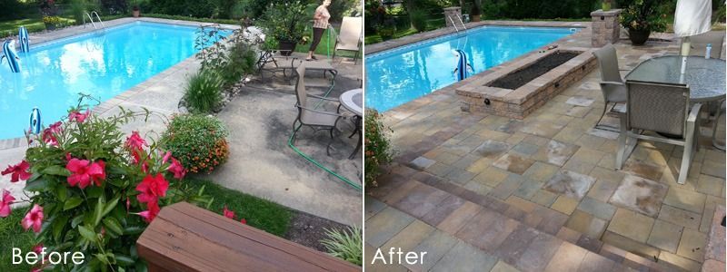 Before and after shots of a pool area. The before shows a dull patio; the after reveals a new stone patio with a fire pit.