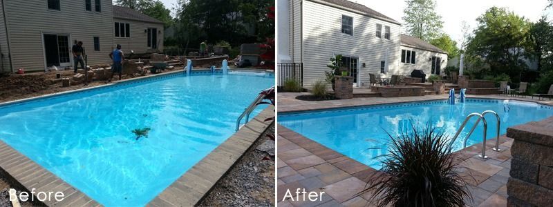 Before and after photos of a swimming pool. The after photo shows a completed pool deck with stone coping and landscaping.