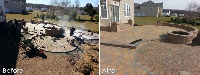 Before and after images of a backyard patio renovation. The before shows construction; the after shows a finished patio.