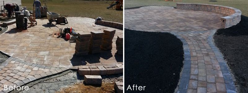 Before-and-after of a brick patio construction. Workers laying bricks on the left, completed patio on the right with pathway.