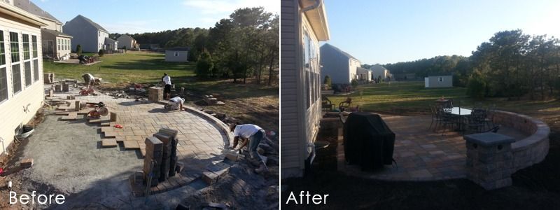 Before and after construction of a curved patio with built-in features, with a grill and outdoor table set.
