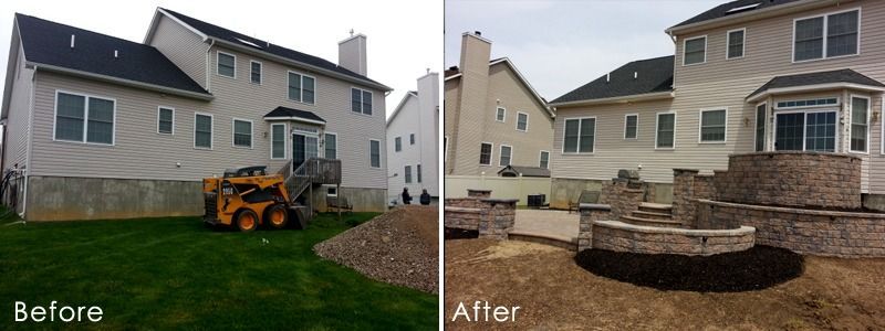 Before and after of a home's backyard. A new patio and retaining wall were built.