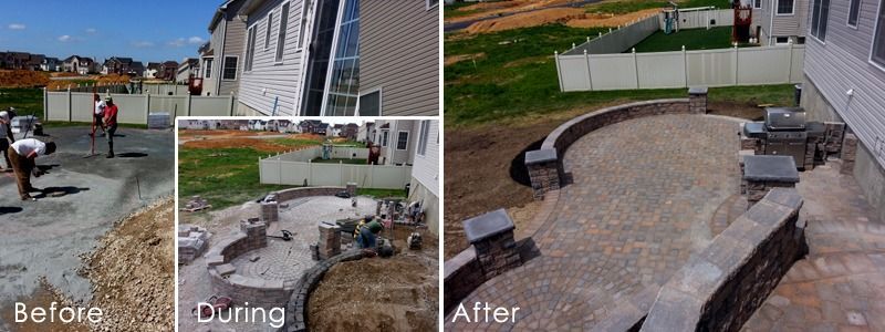 A before, during, and after shot of a stone patio construction. The “before” shows concrete work, “during” shows stone being laid, and “after” is completed.