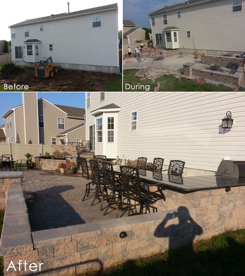 Backyard patio project: before, during, and after shots. New stone patio with retaining walls, outdoor dining set, and built-in grill.