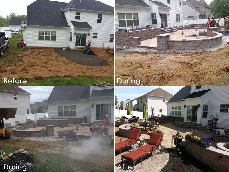 Before/during/after of backyard patio construction: brown dirt, brick retaining wall, pavers, lounge chairs.