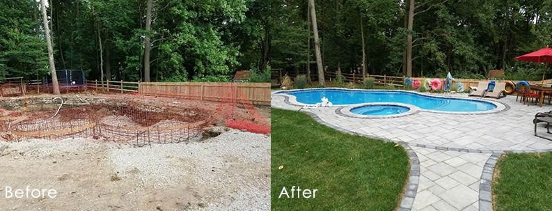 Before and after photo of a pool construction project. The 