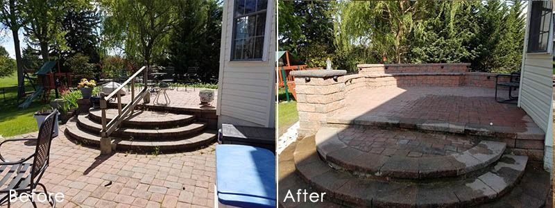 Before and after of a brick patio and steps next to a house. The new patio is red brick.
