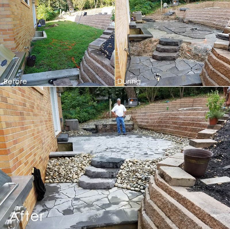 Before/during/after of a patio renovation. Shows a man standing on the newly paved patio near a brick wall and outdoor kitchen.