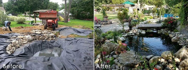 Before and after photos of pond construction. Before, the ground is excavated. After, the pond is built and landscaped.