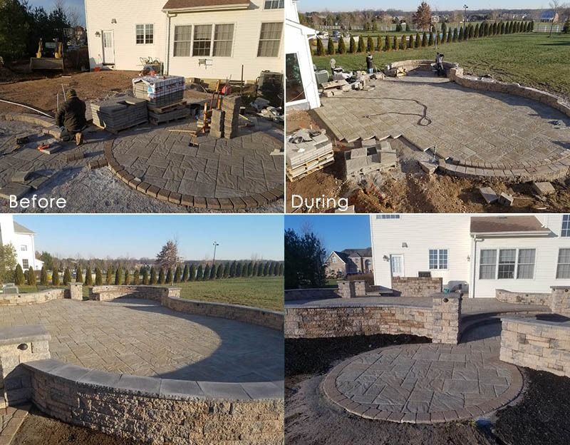Four-panel construction stages of a backyard patio: before, during, and after. Pavers and retaining walls are built.