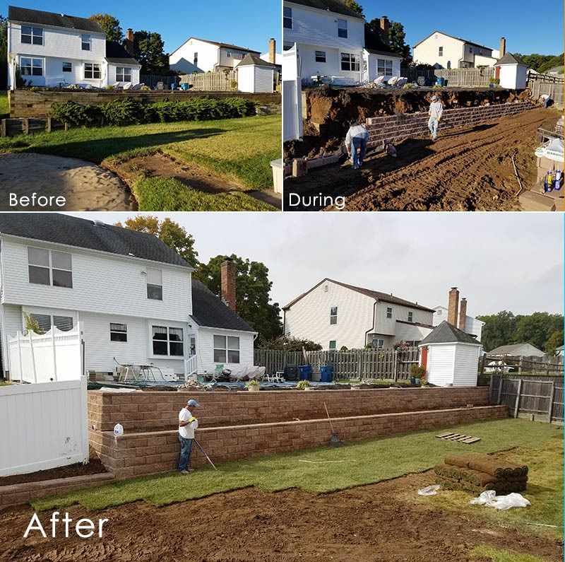 Before, during, and after images of a retaining wall construction project in a residential backyard.