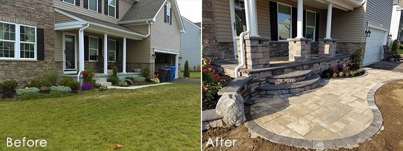 Before and after views of a house with a revamped porch and walkway using stone and brickwork.