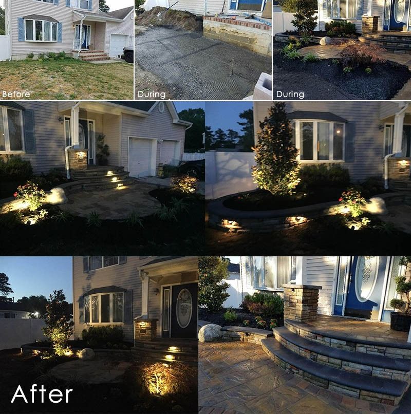 Home landscaping transformation: before, during, and after photos. Includes new walkways, lighting, and plants.