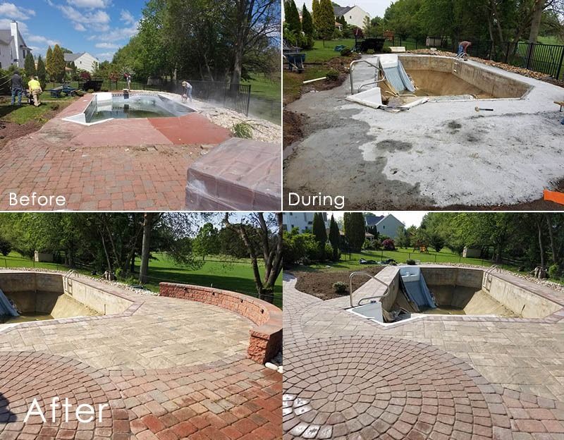 Pool patio renovation: Before, during, and after shots showing removal of old brick and paving with new pattern.