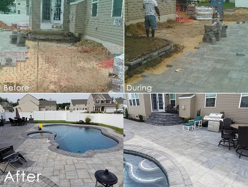 Before/During/After of patio construction: excavation, building, finished pool and patio.