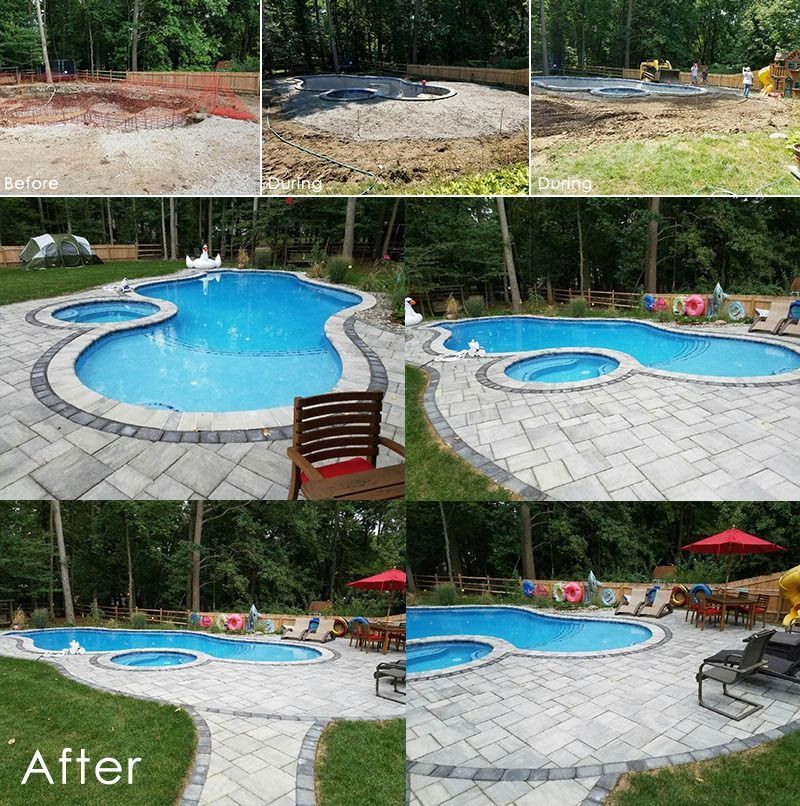 Pool construction before, during, and after: a finished pool with stone patio, spa, and landscaping.