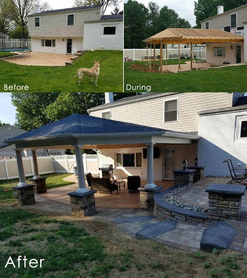 Before/during/after view of a backyard patio renovation. A covered patio is constructed over an existing brick patio.