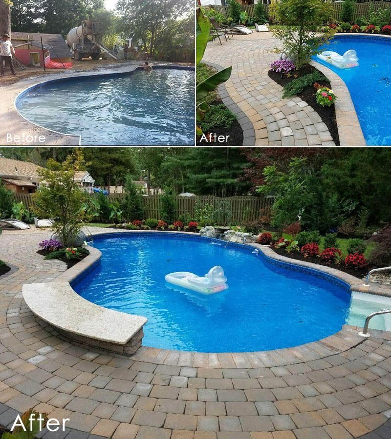 Before and after photos of a pool renovation: old, plain pool to a modern, landscaped space with patterned brick and built-in seating.