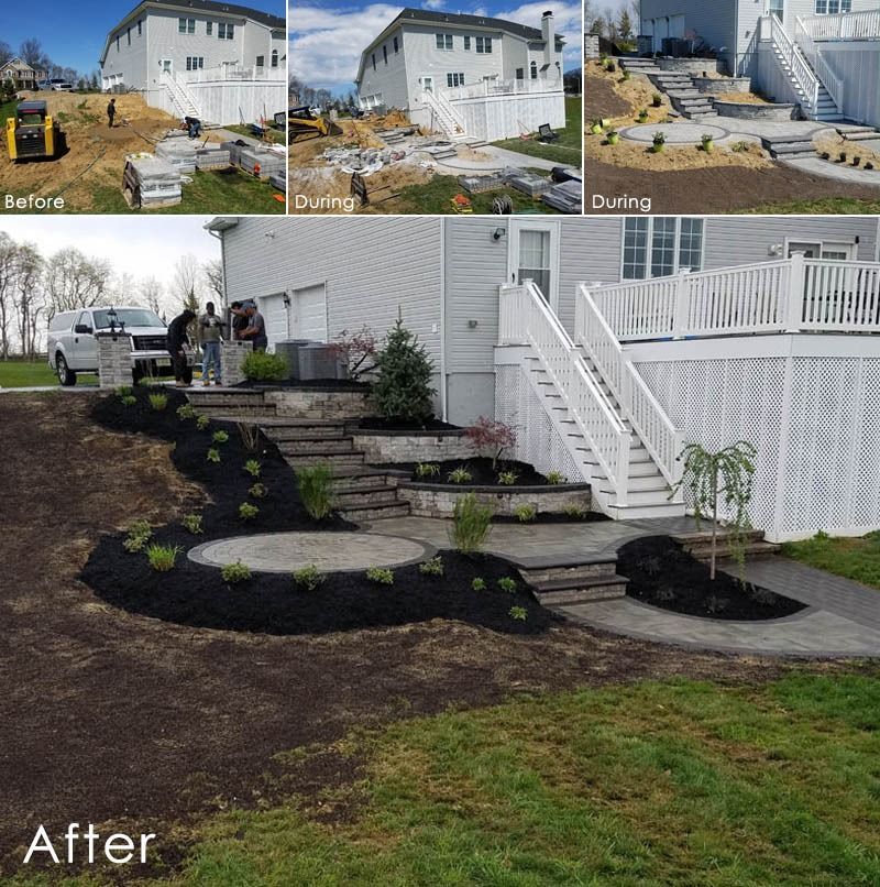 Landscaping project: Before, during, and after shots show the construction of tiered steps and planting beds beside a house.