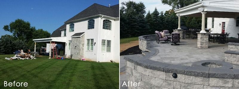 Before and after of a home: green lawn, white house with stone accents, a new patio with seating.