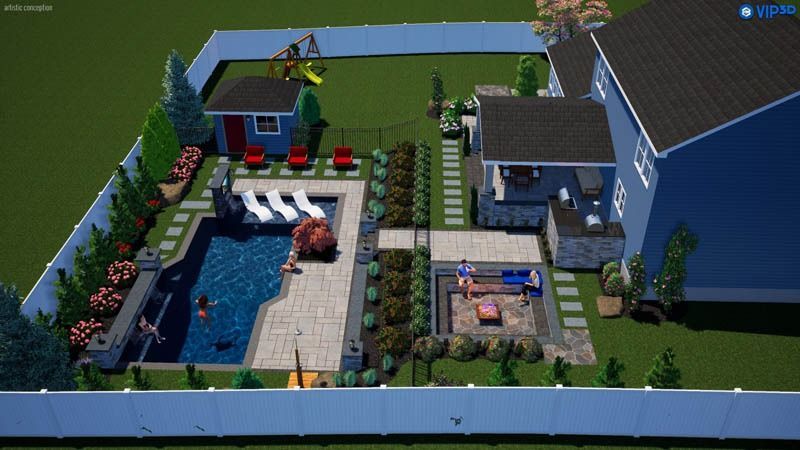 Backyard pool with sunbathers, fire pit, play area, and house, fenced in with landscaping.
