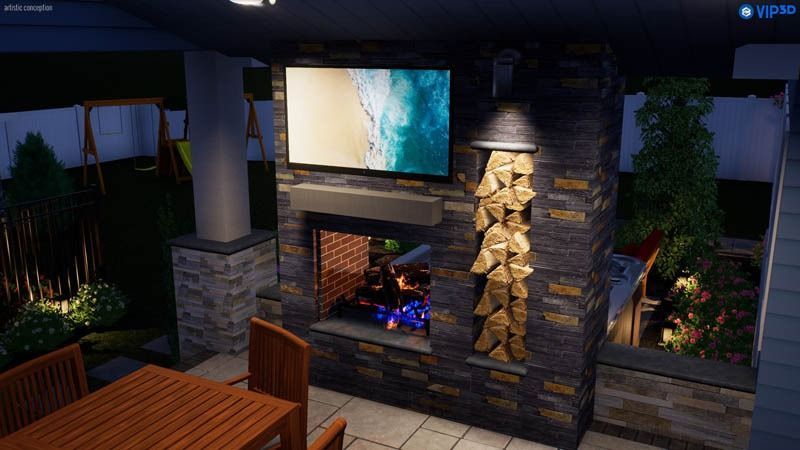 Outdoor entertainment area with fireplace, TV, and wood storage, lit at night.