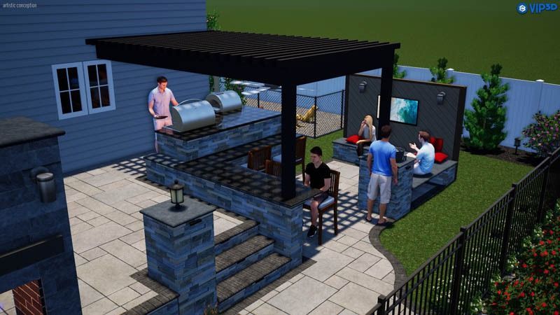 Backyard patio with people grilling, watching TV, and sitting. Black pergola, gray stone, and green grass.
