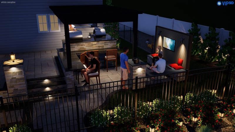 Nighttime outdoor kitchen with people; features bar, seating, grill, and TV.
