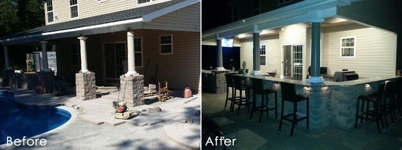 Before/after of a house's outdoor patio transformation. Includes a pool, columns, and a bar.
