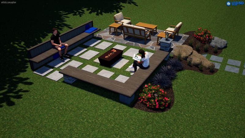 Outdoor patio with seating, fire pit, and two people. Green grass setting.