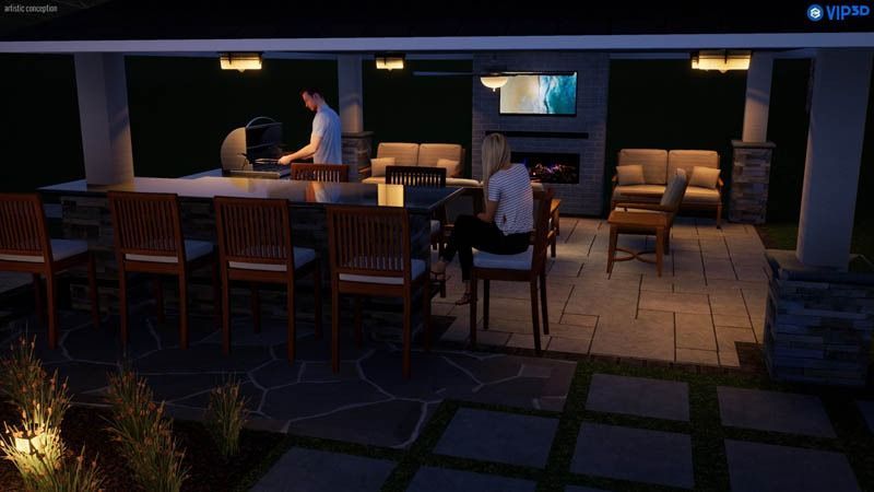 Outdoor patio with people, grilling, eating, and watching TV at night.