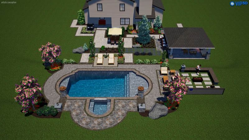 Landscape design rendering with pool, patio, and house.