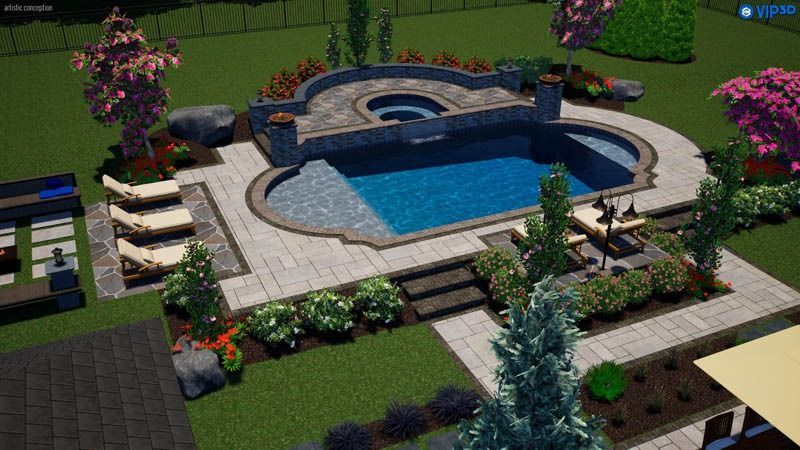 A luxurious backyard pool with stone patio, lush landscaping, and lounge chairs.