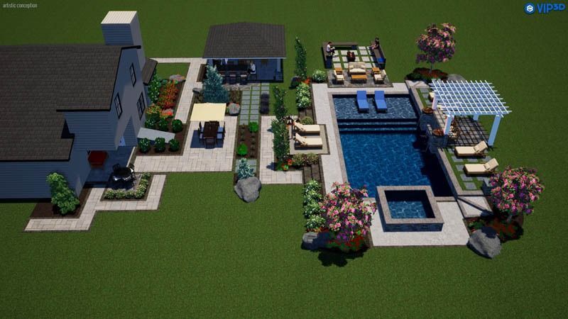 A 3D rendering of a home's backyard with a pool, patio furniture, and landscaping on green ground.