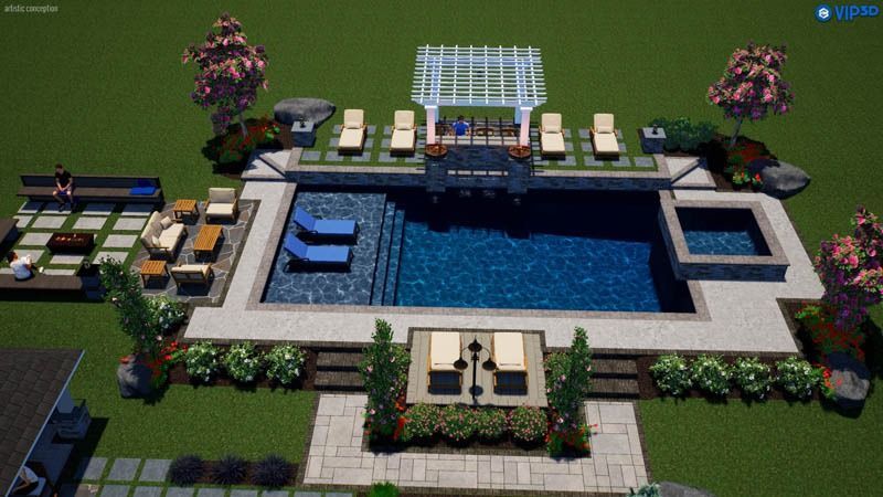Poolscape design with pool, patio furniture, and landscaping.